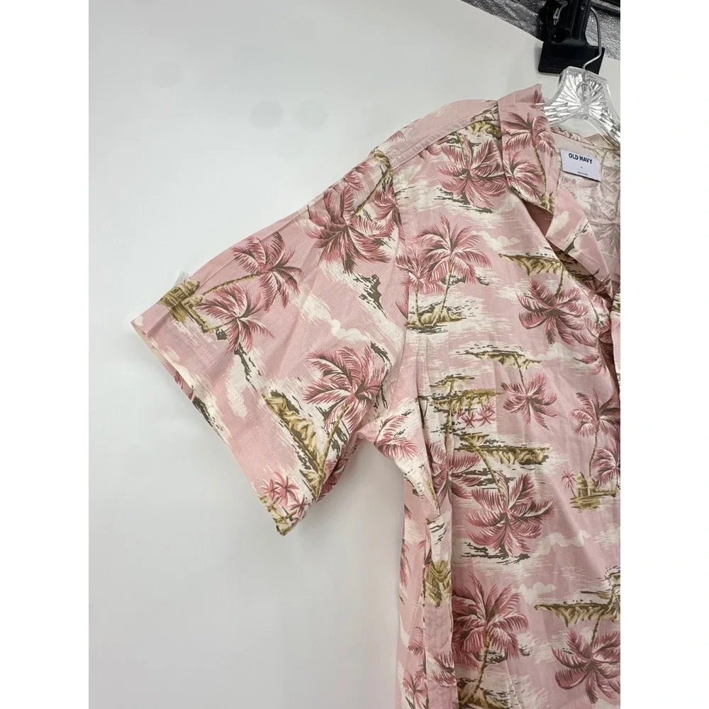 Old Navy Mens Large Pink Tropical Palm Tree Camp Shirt Short Sleeve Button Down